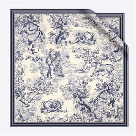 Toile de Jouy Square Scarf Blue Silk Twill 